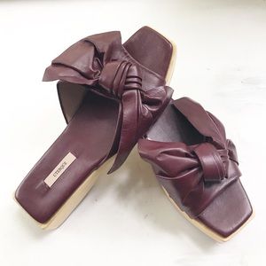 UTERQUE Slip On Slides Wood Platform Bow Sandals